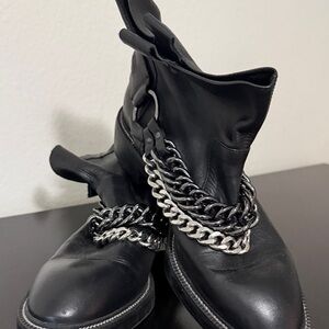 Zara Leather Black Ankle Motorcycle Boots with Chain Detail